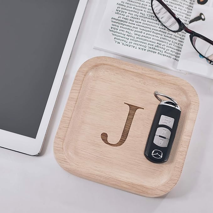 I'm Wooden Personalized Letter Catchall Valet Tray Trinket Dish Jewelry Tray Key Bowl Decorative Plate Organizing Ring Earrings Necklaces Bracelet Watch Coins Wallet Holder (6"x6" Sq Natural J)