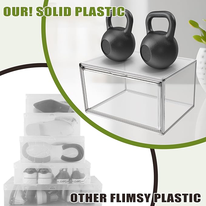 1 Pack Shoe Display Case Plastic Shoe Storage Box with Magnetic Acrylic Door Size 12.5, Transparent Sneaker Boxes Shoe Rack Substitute Closet Organizers Storage Bins, Easy Assembly