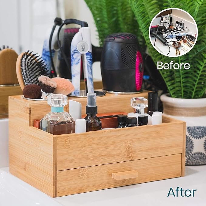 Hair Tool Storage Organizer, Bamboo Hair tool organizer for Bathroom, Kitchen and Makeup,Hair organizer storage Perfect for Storing Blow Dryer, Straightener and Brush