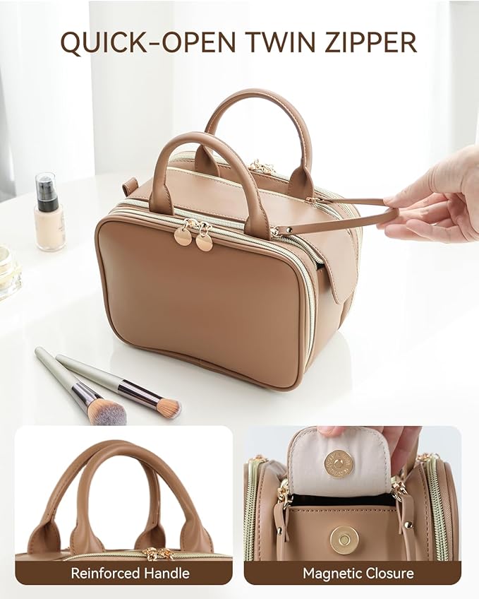 Prite Travel Makeup Bag Women’s Large Capacity Waterproof Cosmetic Organizer Portable Open Flat Toiletry Case with Free-standing Brush Holder and Handle(Brown Large)