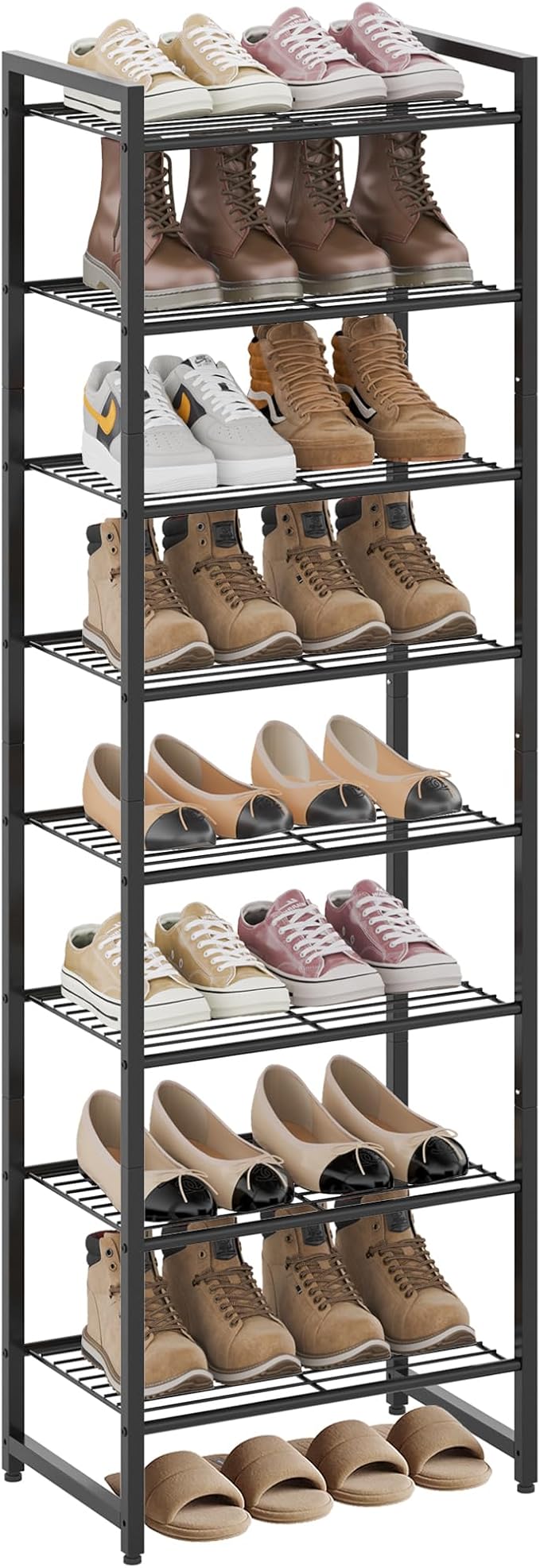 Narrow Shoe Rack, 8-Tier Metal Shoe Organizer,Tall Shoe Shelf with Anti-Tip Strap, Max Holds 18 Pairs,Space Saving for Closet,Entryway,Black