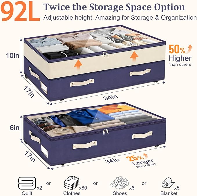 Dolicer 4 Pack Under Bed Storage with Wheels, 6in-10in Height Adjustable Underbed Storage Containers, 92L XXXL Under Bed Drawers Rolling Bin with Clear Lids for Dorm Shoes Clothes Organizers(Blue)