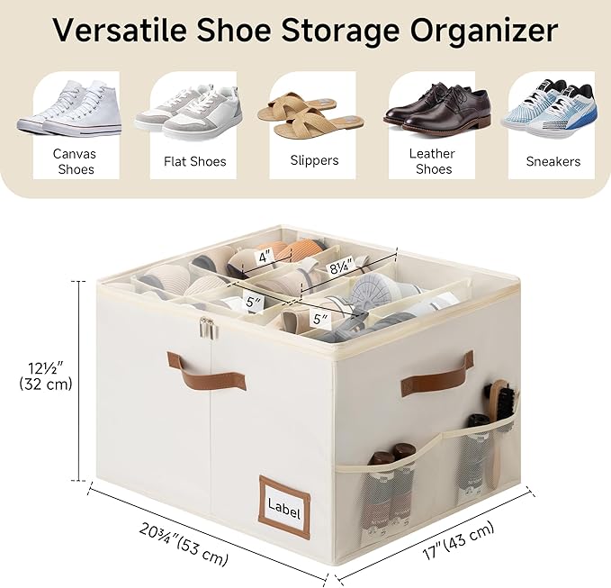 StorageWorks Shoe Oragnizer for Closet, 2 Pack Shoe Storage Cubes Holds Up to 16 Pairs, Space Saving Storage Boxes with Lid and Hanldes, Beige