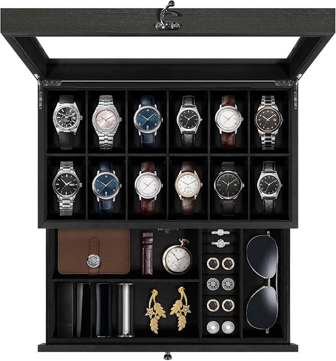 Uten 12-Slot Watch Box, 2-Layers Solid Wood Watch Display Case with Glass Lid, Watch Holder Organizer with Soft Pillow and Velvet Lining, Watch and Jewelry Storage Box, Black