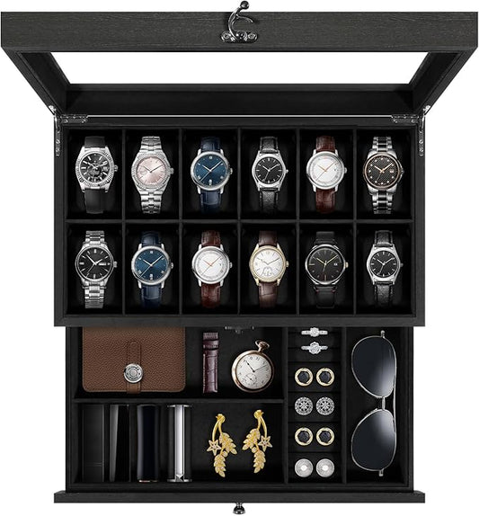 Uten 12-Slot Watch Box, 2-Layers Solid Wood Watch Display Case with Glass Lid, Watch Holder Organizer with Soft Pillow and Velvet Lining, Watch and Jewelry Storage Box, Black