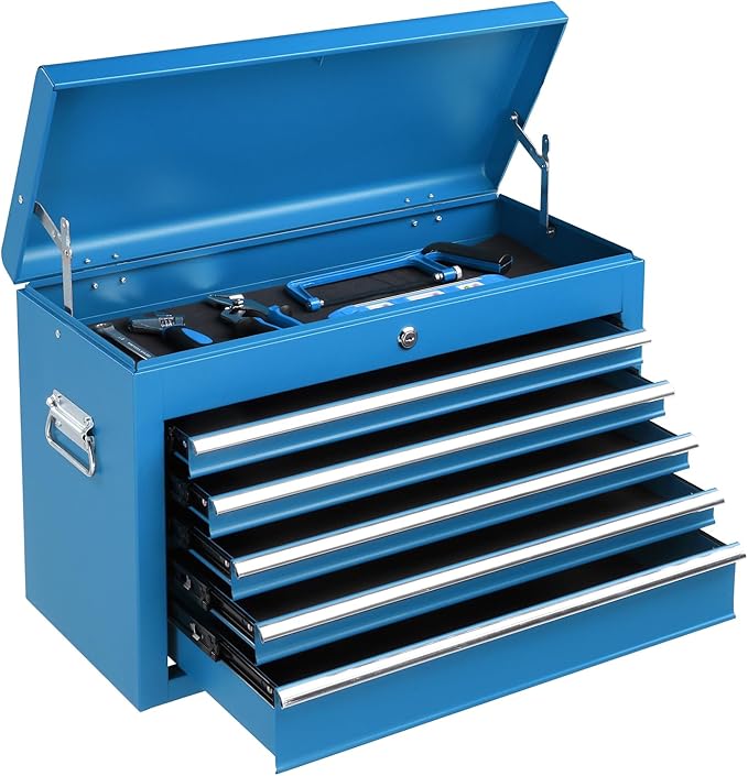 Winado 24" Portable Tool Box, 5 Drawer Tool Chest with Carry Handle, Top Case, Ball Bearing Runners, Lockable Metal Hand Toolbox for Garage, Warehouse, Repair Shop & Home, Blue