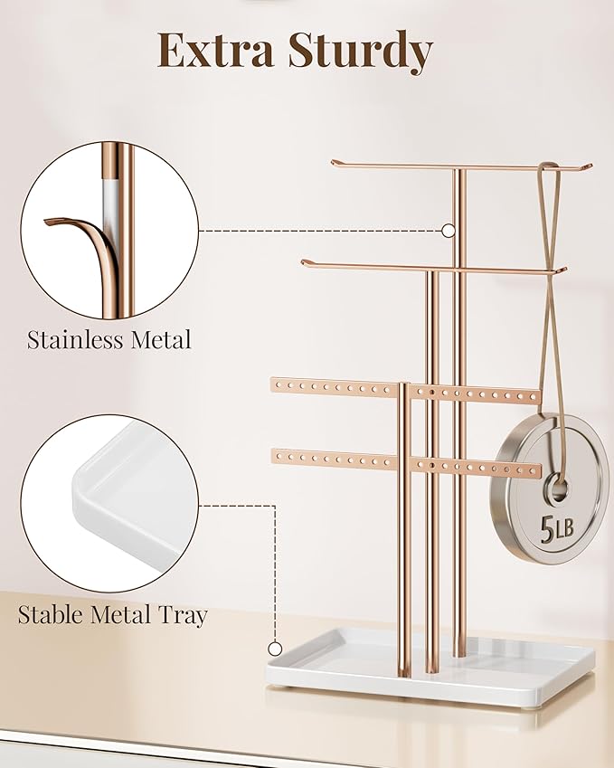 pickpiff Rose Gold Jewelry Stand Holder Organizer: 14.5" Sturdy Hanger for 80 Pcs Jewelry, Jewlery Tower for Display Necklace, Earring, Bracelet, Watch