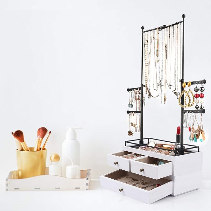 OLAKEE Jewelry Organizer - 2 Layer Wooden Jewelry Drawer Storage Box with 6 Tier Jewelry Tree Stand, Jewelry Display for Necklaces Bracelet Earring Ring (Rustic White)