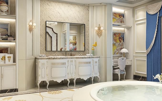 48x36 Inch Black Bathroom Mirror, Metal Framed Vanity Mirror for Wall, Anti-Rust Decorative Rectangle Mirror, Shatter-Proof Home Decor Farmhouse Mirror (Horizontal/Vertical)