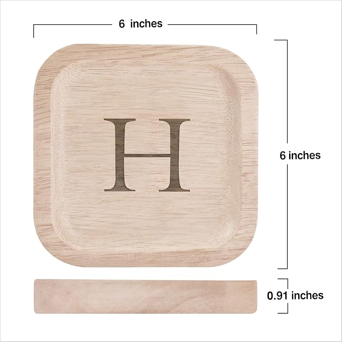 I'm Wooden Personalized Letter Catchall Valet Tray Trinket Dish Jewelry Tray Key Bowl Decorative Plate Organizing Ring Earrings Necklaces Bracelet Watch Coins Wallet Holder (6"x6" Sq Natural H)