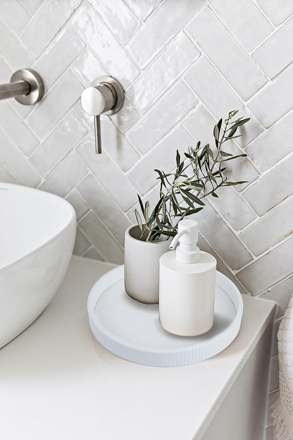 HofferRuffer Round Decorative Tray, Faux Leather Vanity Tray Decor, Decorative Catchall for Perfume, Bathroom Valet, Nightstand or Dresser (White Stripe, Round-12" x 12" x 1.6")