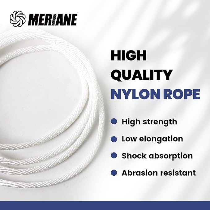 MERIANE 1/8inch 100FT Nylon Rope – Multipurpose Heavy Duty – Abrasion & UV Resistant – Ideal Use for Camping, Clothesline, Marine Rope, Flag Line - Shock Absorption Rope for Indoor Outdoor
