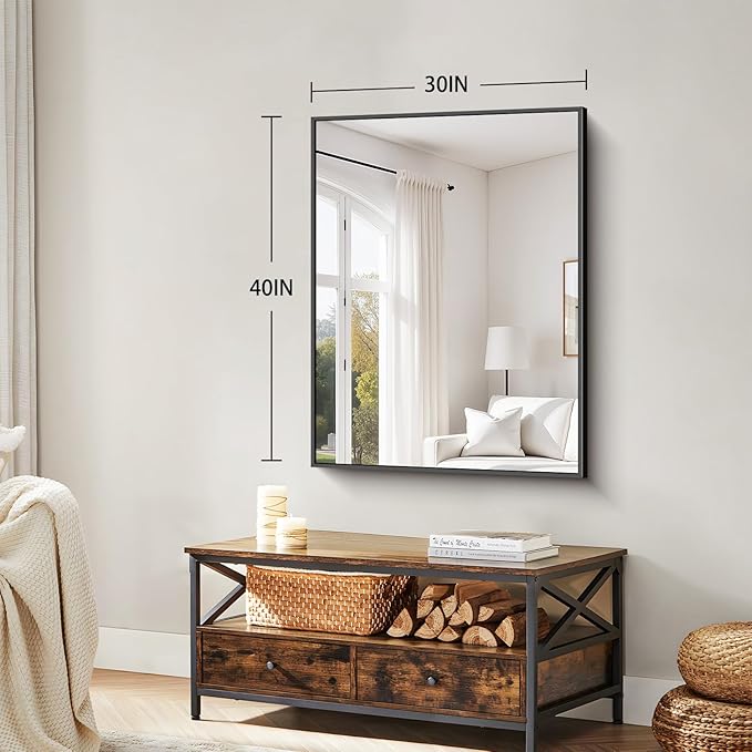 Koonmi Black Framed Bathroom Mirror - Shatterproof 30"x40" Tempered Glass, HD No Distortion, Horizontal/Vertical Mount, Modern Matte Aluminum Alloy Frame