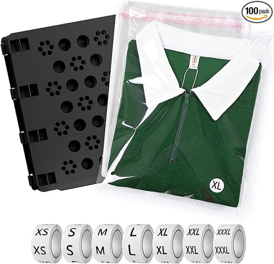 BoxLegend Shirt Folding Board V3 with 11x14 inches Shirt Bags Pack of 100 and Stickers 7 Sizes 3500 PCS Size Stickers for Clothing Folding Board Tshirt Bags for Small Business