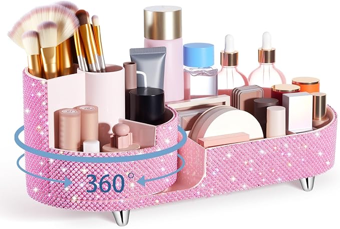 Teen Girls Women Gift 360 Rotating Bling Makeup Organizer Large Rhinestone Diamond Bathroom Organizer Girly Skin Care Brush Holder for Countertop,Bathroom Essentials(Pink,Pearl Rhinestone)