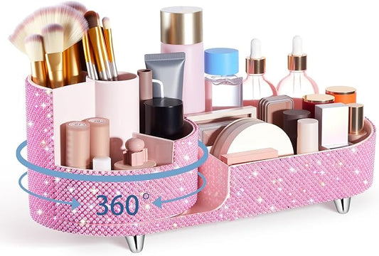 Teen Girls Women Gift 360 Rotating Bling Makeup Organizer Large Rhinestone Diamond Bathroom Organizer Girly Skin Care Brush Holder for Countertop,Bathroom Essentials(Pink,Pearl Rhinestone)