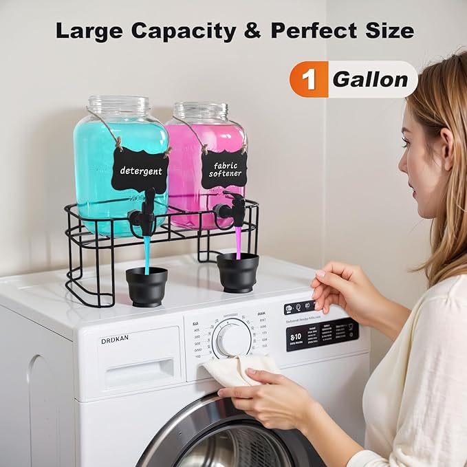 128OZ Laundry Detergent Dispenser, Glass Liquid Laundry Soap Dispenser, 2 Pack Fabric Softener Dispenser for Laundry Room