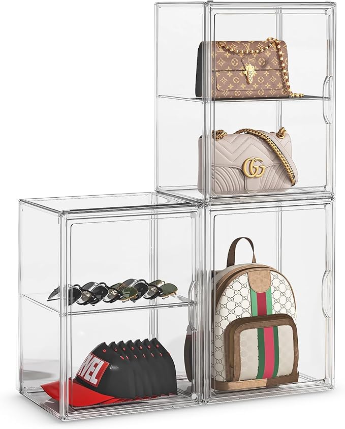 Purse Storage Organizer for Closet 3 Packs Clear Handbag Storage Organizer Acrylic Display Case with Adjustable Divider for Collectibles, Stackable Bag Organizer for Wallet, Figure, XXX-Large