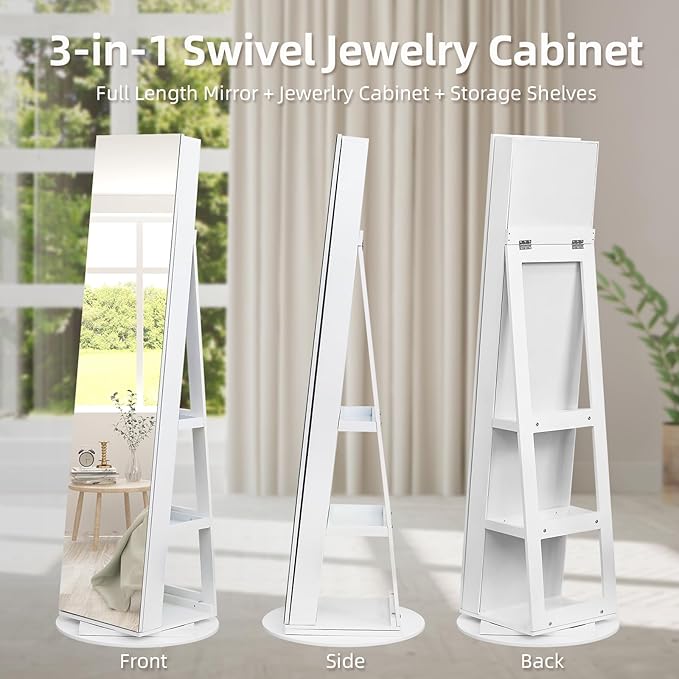 Bonnlo 360° Swivel Jewelry Cabinet with Sliding Door, Standing Jewelry Organizer Box with Full-Length Mirror, Jewelry Armoire with Large Storage Capacity