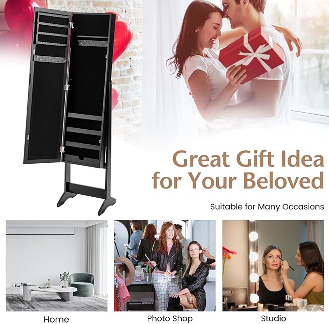 COSTWAY Jewelry Armoire Cabinet, Standing Jewelry Organizer with Full-length Mirror & 3 Adjustable Angles, Large Storage Capacity Jewelry Cabinet for Bedroom, Dressing Room (Black)