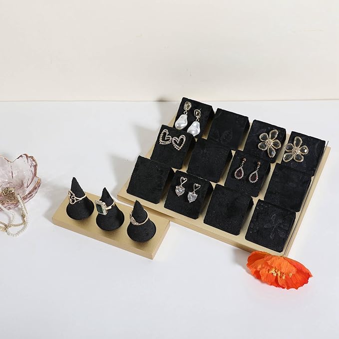 GemeShou black jewelry ring display holder for selling, velvet ring cone display stand, cute cone shaped ring holder with golden coated base,Small jewelry ring storage organizer【Ring holder-black】