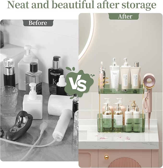2 Tier Bathroom Organizer Countertop Makeup Perfume Tray Skincare Organizer Comes with Hair Dryer Rack and Toothbrush Holder for Bathroom Dresser Vanity (Green)