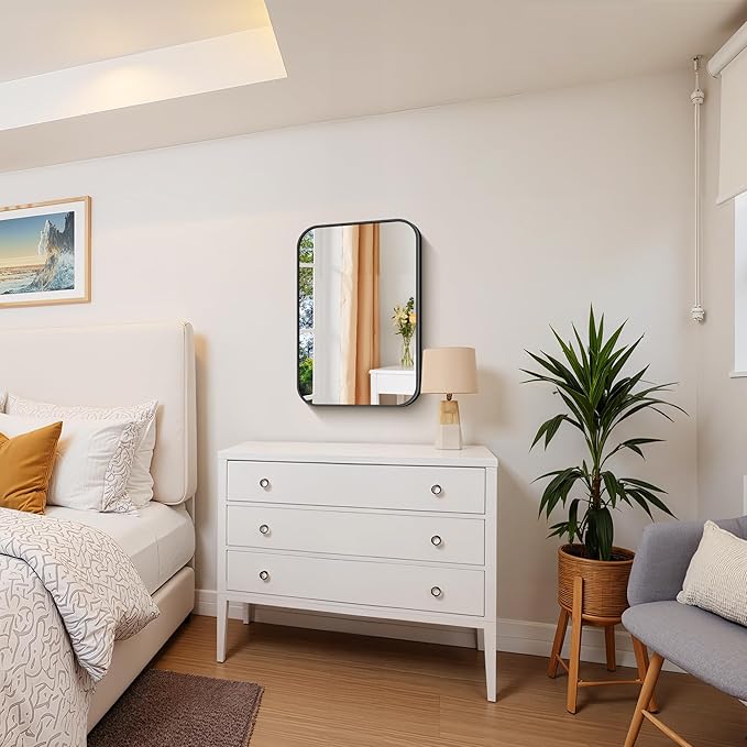 FORBATH Black Bathroom Mirror for Over Sink, Wall Mirror 16x24 Inch with Metal Frame, Rounded Corners for Bathroom, Bedroom, Entryway Décor