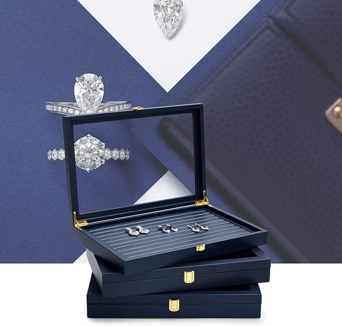 Oirlv Premium Blue Leather Jewelry Tray with 24 Grid Removable Jewelry Cards Jewelry Organizer Box with Transparent Acrylic Lid Necklace Pendant Display Case
