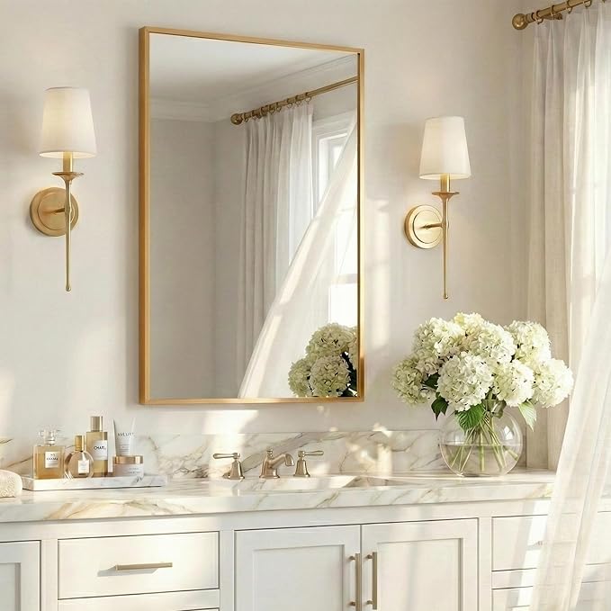 24''x36'' Gold Bathroom Mirror | Antique Brass Deep-Set Recessed Metal Frame | Heavy-Duty Rectangular Wall Mirror | Traditional Mantel & Bedroom Decor