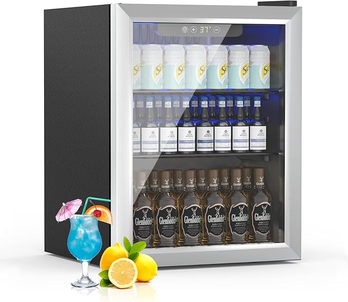 1.7 Cu.ft Beverage Refrigerator Cooler, 72 Cans Mini Fridge with Glass Reversible Door, Digital Temperature Display for Soda, Beer or Wine For Office or Bar with Removable Shelves