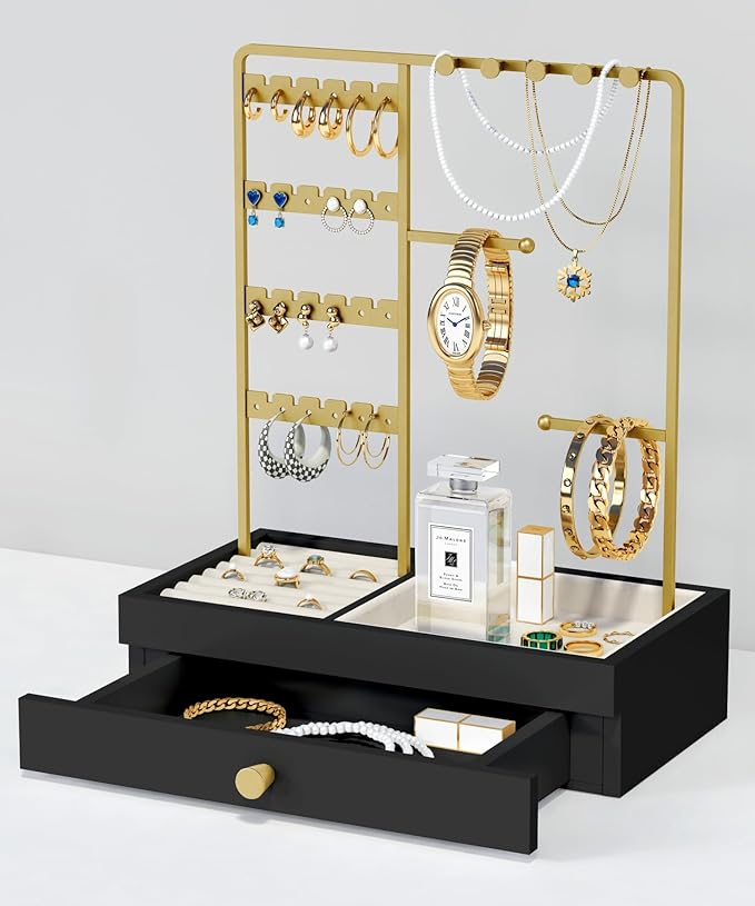 Black and Gold Jewelry Organizer Stand Necklace Holder, Decorative Jewelry Tower Stand for Earrings Rings Bracelets, Necklace Display Hanger Tree for Women Dresser Top (Black and Gold)