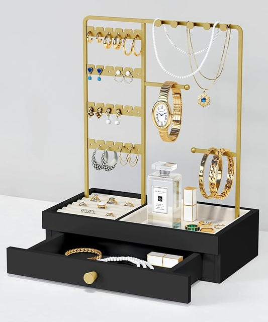 Black and Gold Jewelry Organizer Stand Necklace Holder, Decorative Jewelry Tower Stand for Earrings Rings Bracelets, Necklace Display Hanger Tree for Women Dresser Top (Black and Gold)