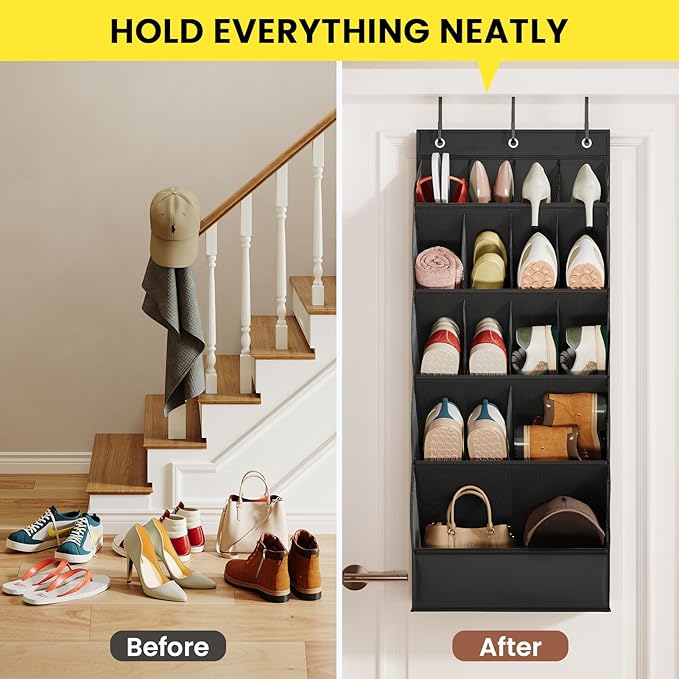 Over the Door Shoe Rack with Large Deep Pockets, Door Shoes Organizer for Closet, Hanging Boots Shoe Rack, Behind the Door Narrow Shoe Holder, Multiple Pockets for Flexible Storage, Black ﻿