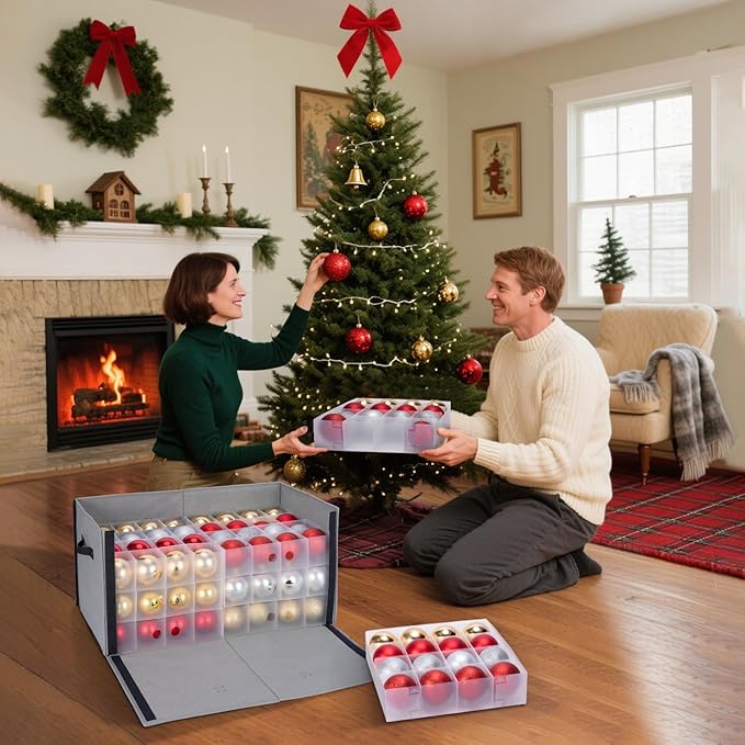 BALEINE Christmas Ornament Storage Box with Dividers, Premium Holiday Ornaments Storage Container Bin for Xmas Decorations (128 Ball, Red, Hard)