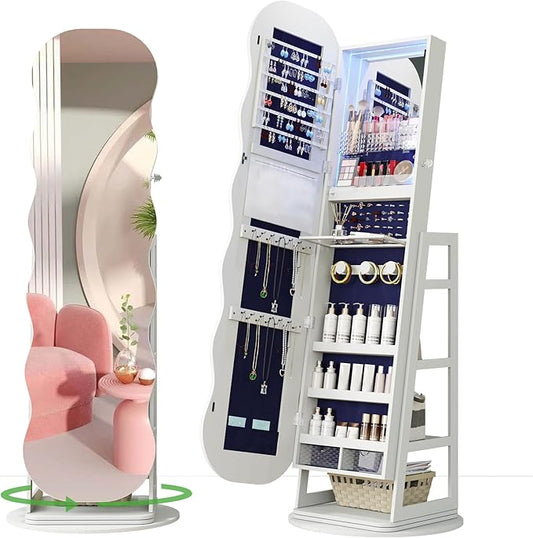 HNEBC 360° Swivel Jewelry Cabinet with Lights, LED Jewelry Armoire with Mirror, Wavy Wide Full-Length Mirror with Storage, Lockable Mirror Jewelry Cabinet Standing (White)
