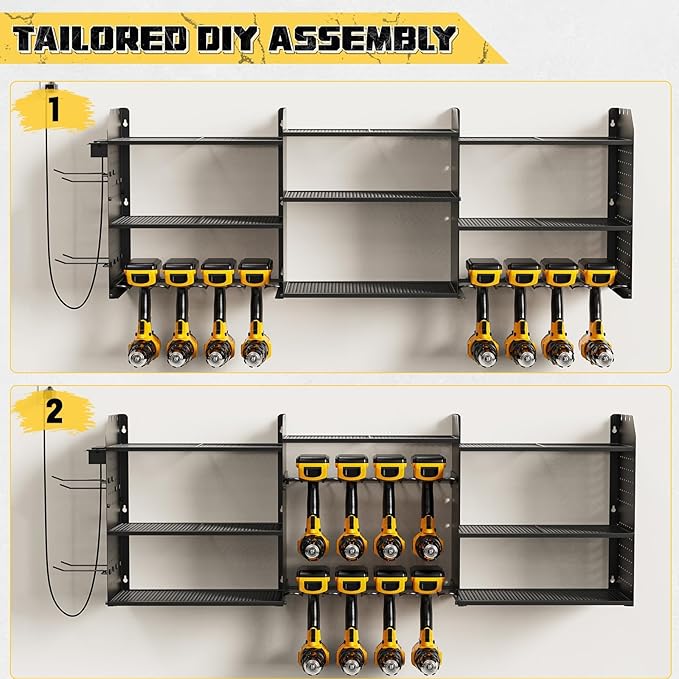 Power Tool Organizer with Charging Station Wall Mount, 3 Layer Expanded Heavy Duty Garage Organization, 45.5 Inch Length Garage Tool Storage, 8 Drills, 2 Assemble Method, Black