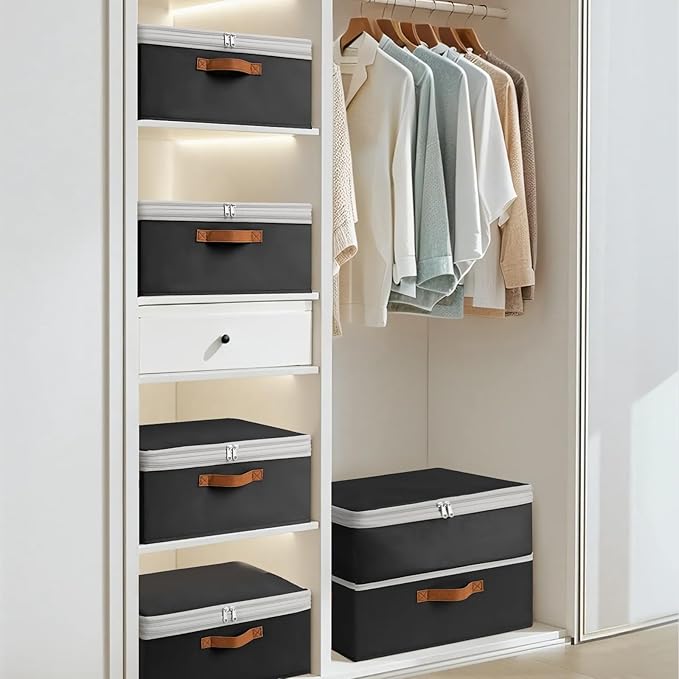 Homosorout Large Closet Storage Bins - Compression Organizer Bins, Stackable Closet Organizer, Expandable Under Bed Storage Containers for Clothes, Towels, Sheet, 4 Pack, Black