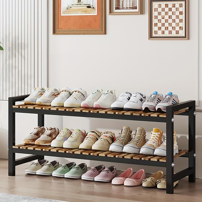 Shoe Rack Organizer for Small Spaces 2Tier Long Narrow Shoe Stand, Closet Shoe Rack, Small Shoe Shelf for Closet Entryway Corner Garage and Bedroom Front Door - Shoe Storage Combining Wood and Metal