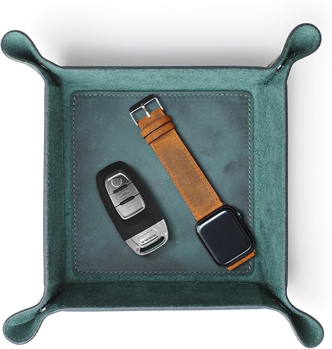 Handmade Leather Catch All Tray, Customizable Handcrafted Genuine Leather Valet Tray and Organizer for Keys, Phones, Jewels, Coins, Square - Small, Green