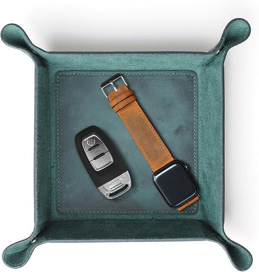 Handmade Leather Catch All Tray, Customizable Handcrafted Genuine Leather Valet Tray and Organizer for Keys, Phones, Jewels, Coins, Square - Small, Green