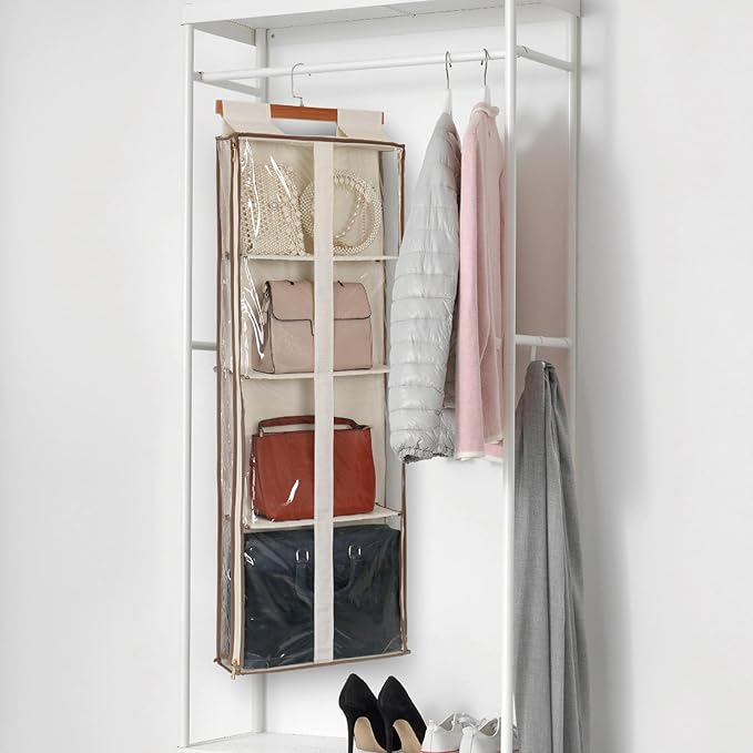 Clear Hanging Handbag Storage Organizer with Zippers, Easy Access Purse,Toy,Yarn,Hat Storage Over The Door Purse Organizer Space Saving 4 Pockets for Closet Bedroom Living Room (Beige)