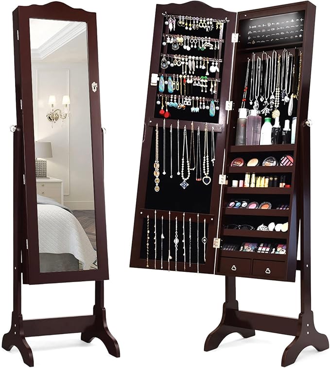 Giantex Jewelry Armoire Organizer with Full Length Mirror, 14 LEDs Floor Standing Jewelry Cabinet with 2 Drawers, 4 Adjustable Angles, Lockable Jewelry Storage Box Cabinet (Brown)