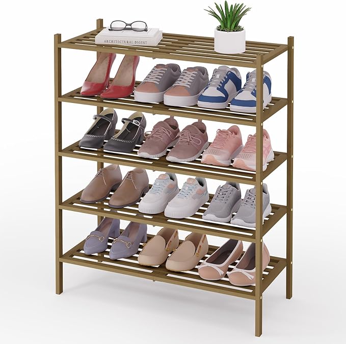 Smiry Bamboo Shoe Rack 5-Tier, Stackable Wooden Shoe Organizer for Entryway & Closet, Free Standing Wood Shoe Storage Shelf for Front Door & Small Spaces, Walnut