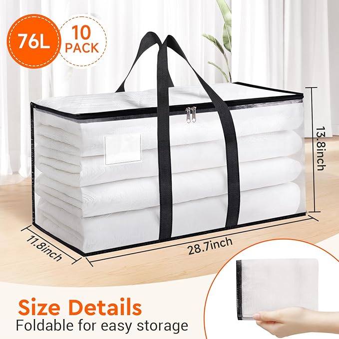 BlissTotes Moving Bags, 10-Pack Storage Bags, Moving Bags Heavy Duty Extra Large, Moving Totes, Clear moving Bags, Reinforced Handles & Tag Pocket, Christmas Totes (76L)