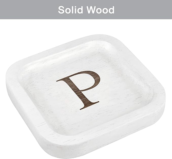 I'm Wooden Personalized Letter Catchall Valet Tray Trinket Dish Jewelry Tray Key Bowl Decorative Plate Organizing Ring Earrings Necklaces Bracelet Watch Coins Wallet Holder (6"x6" Sq White P)