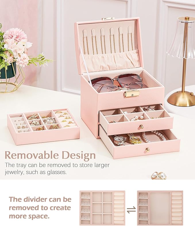 Homde Women Jewelry Box with Lock: 3 Layers Modern Organizer - Pink Storage for Ring Necklace Earring - Birthday Christmas Gifts for Girls
