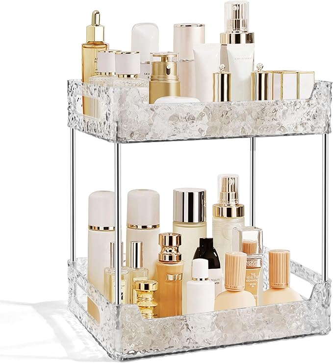 2-Tier Bathroom Counter Organizer Countertop Storage, Dresser Organizer Vanity Tray for Makeup, Perfume Organizer Cosmetics Skincare Shelf - Clear