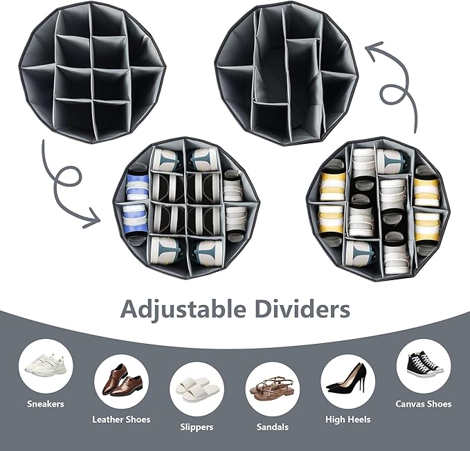 Shoe Organizer for Closet - Cylindrical Shoe Storage with Removable Dividers, Transparent Top Viewing Window, Foldable Design and Adjustable Compartments