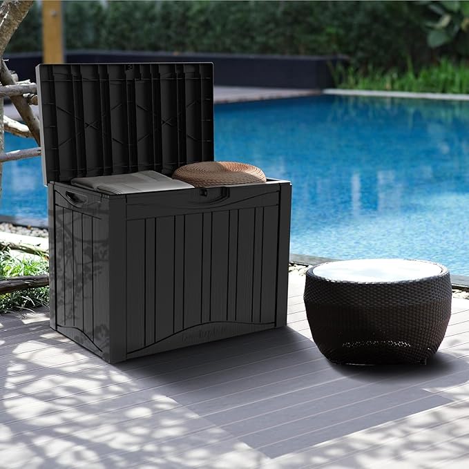 52 Gallon Resin Deck Box Waterproof Outdoor Storage Box for Patio Furniture Pool Accessories Indoor Storage for Cushion Garden Tools, Black