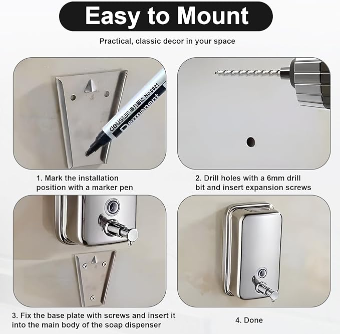 Heavy Duty Soap Dispenser Wall Mount Stainless Steel Soap Dispenser Manual Liquid Pump Rust-Proof Leak Free Pump for Commercial & Home Kitchen Bathroom (34 fl.oz./1000ml)
